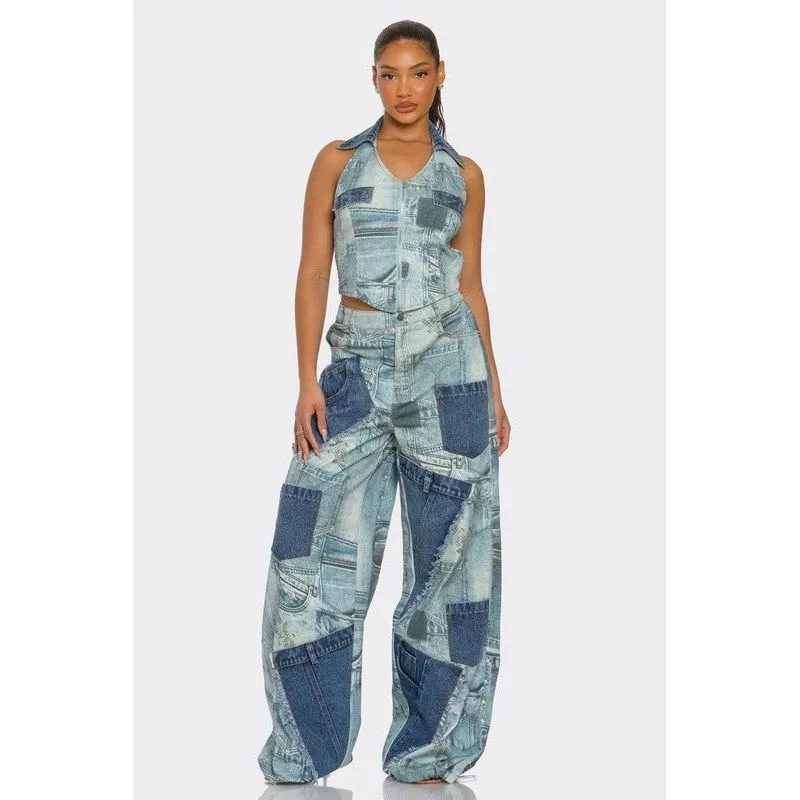 Retro Revival Patchwork Denim Two-Piece Set