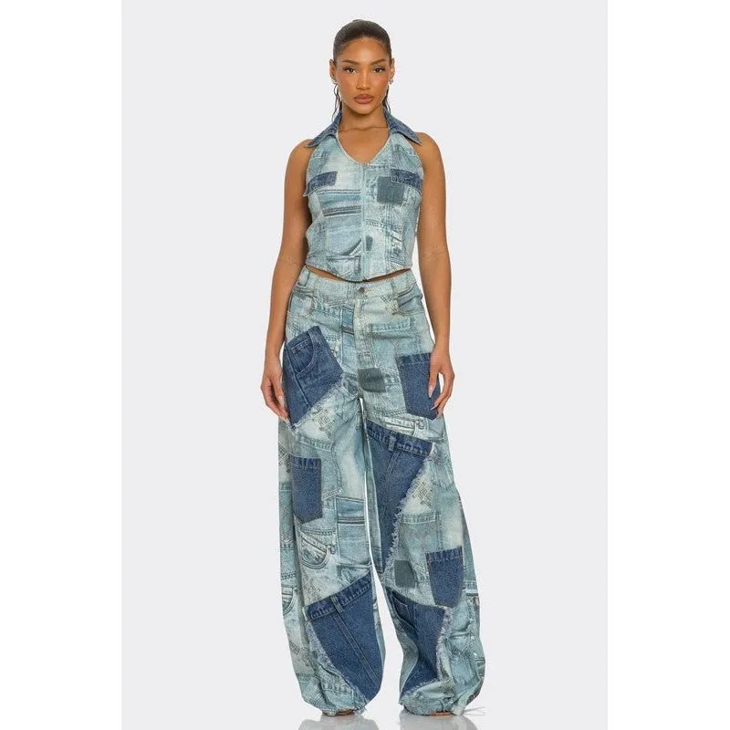 Retro Revival Patchwork Denim Two-Piece Set