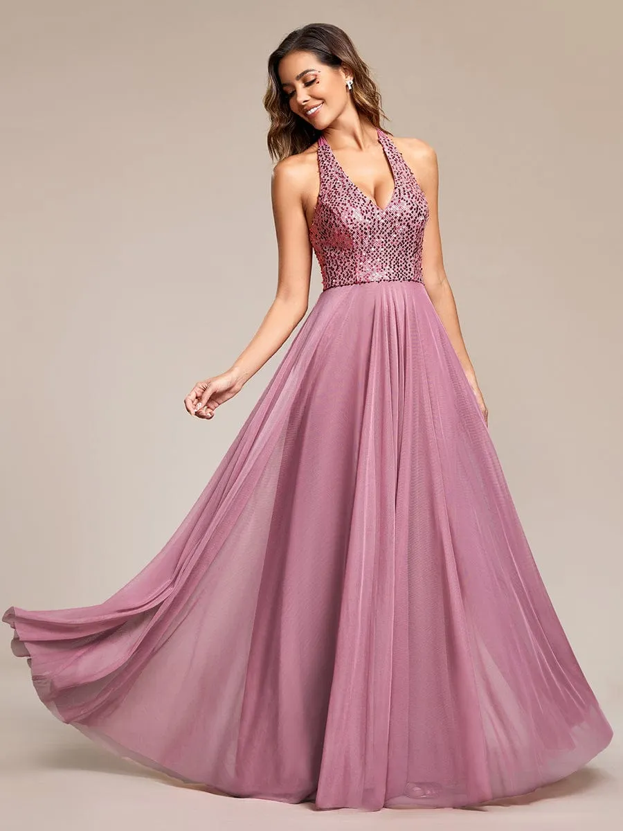 Sequin Halter Neck Top A-Line Backless Evening Dress with Tulle