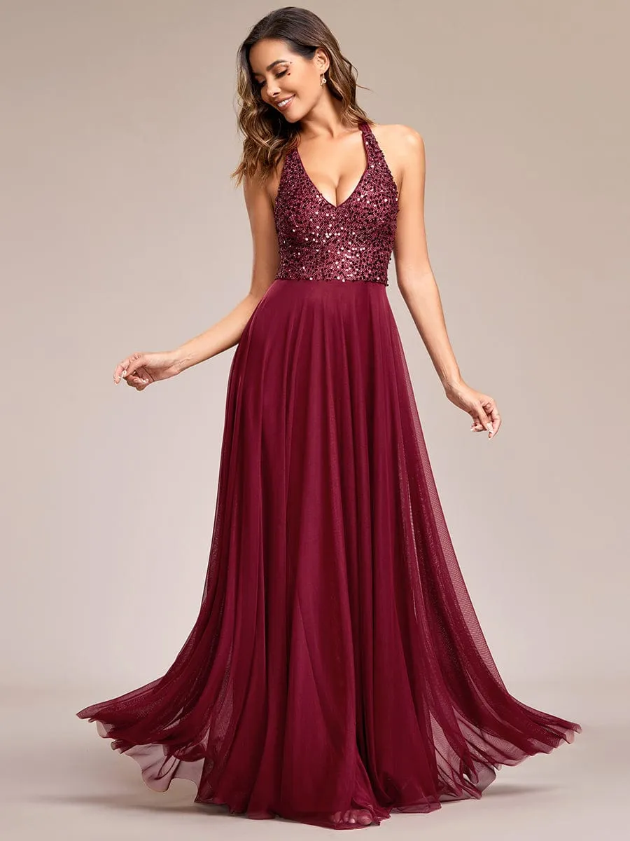 Sequin Halter Neck Top A-Line Backless Evening Dress with Tulle