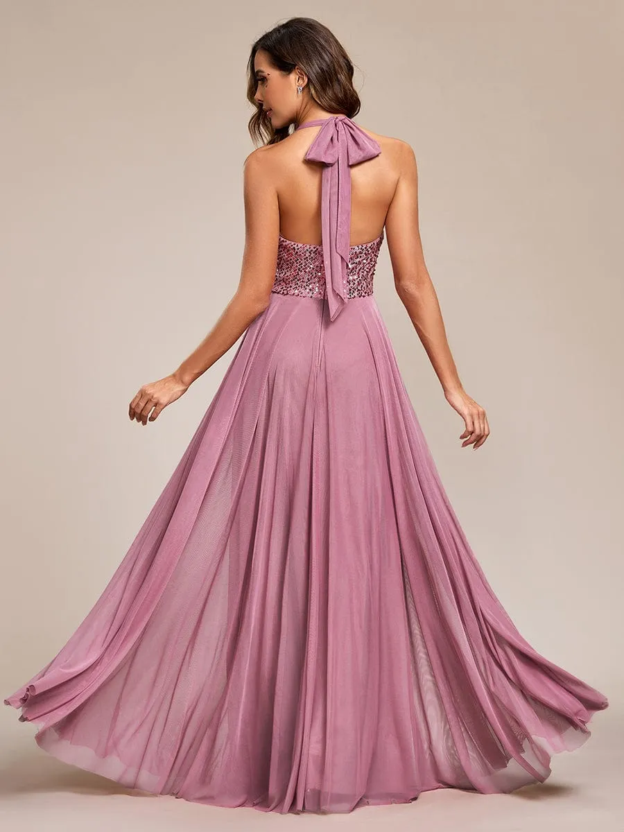 Sequin Halter Neck Top A-Line Backless Evening Dress with Tulle