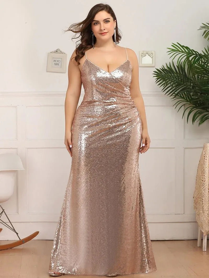 Sexy Spaghetti Straps Fishtail Sequin Plus Size Evening Gowns