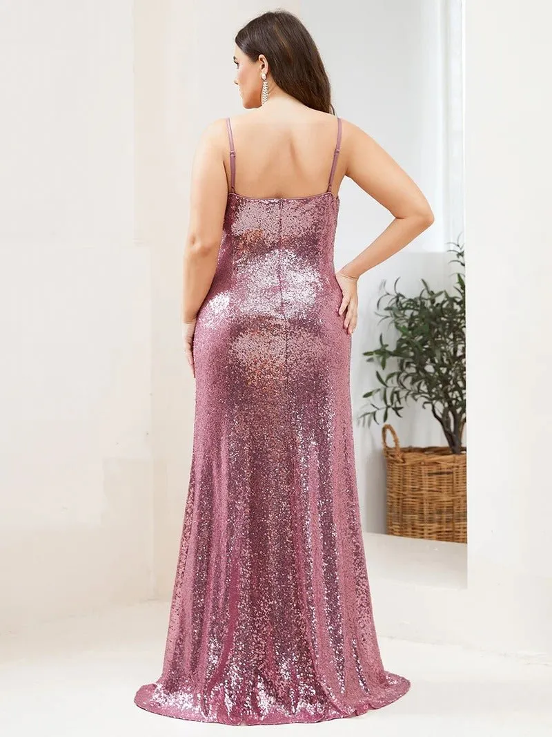Sexy Spaghetti Straps Fishtail Sequin Plus Size Evening Gowns