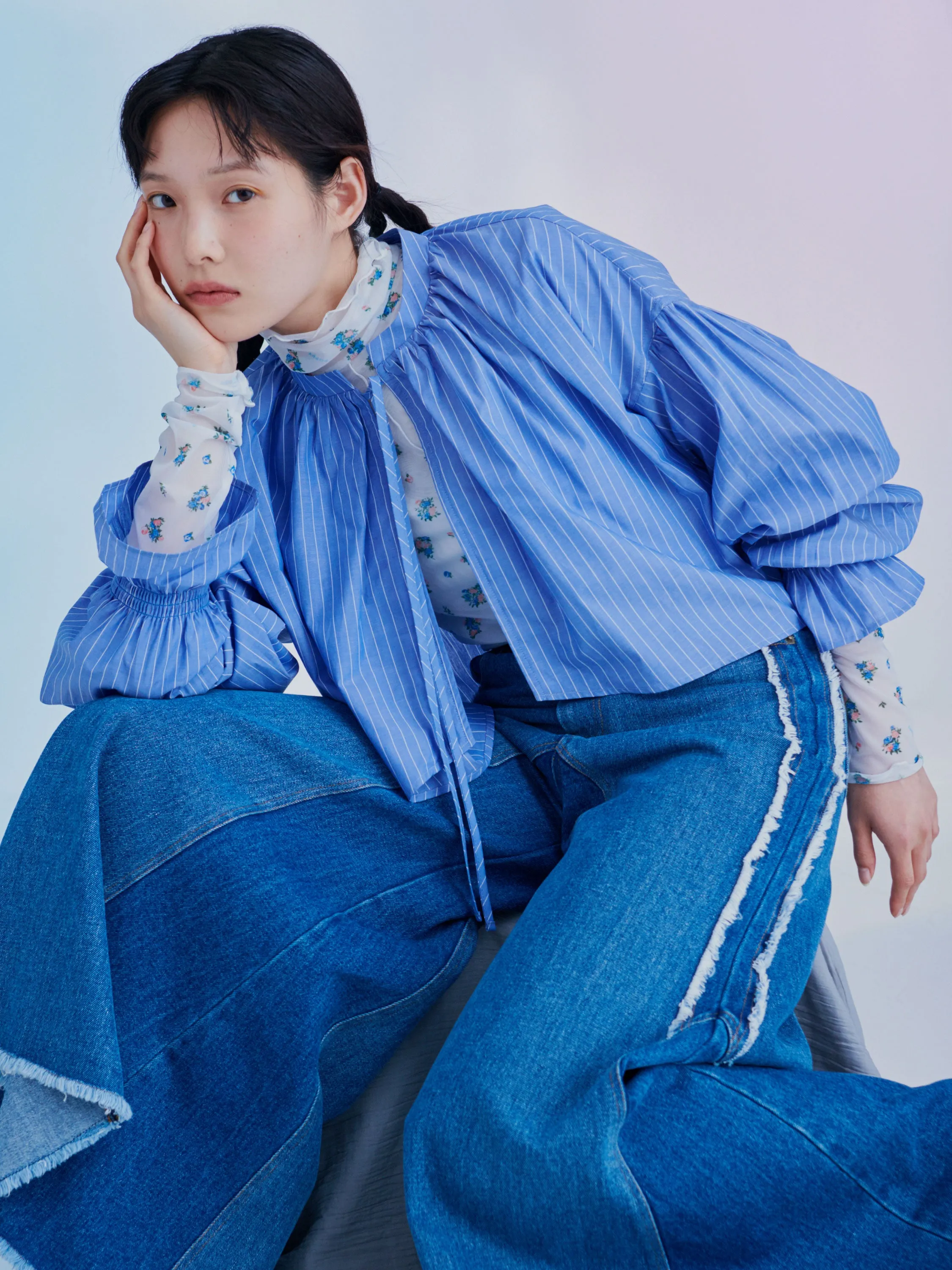 Stripe ribbon shirts bolero (Blue)