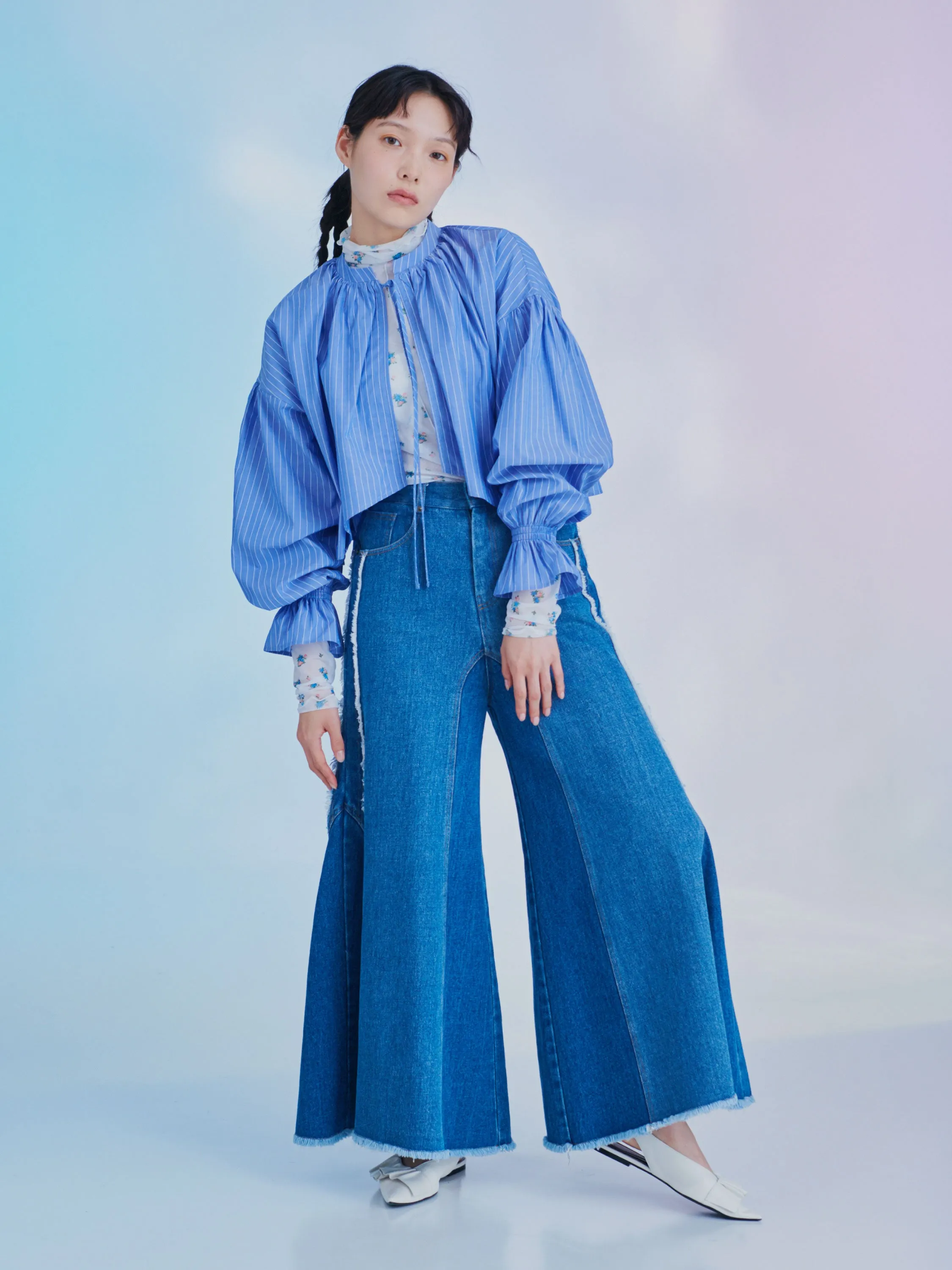 Stripe ribbon shirts bolero (Blue)