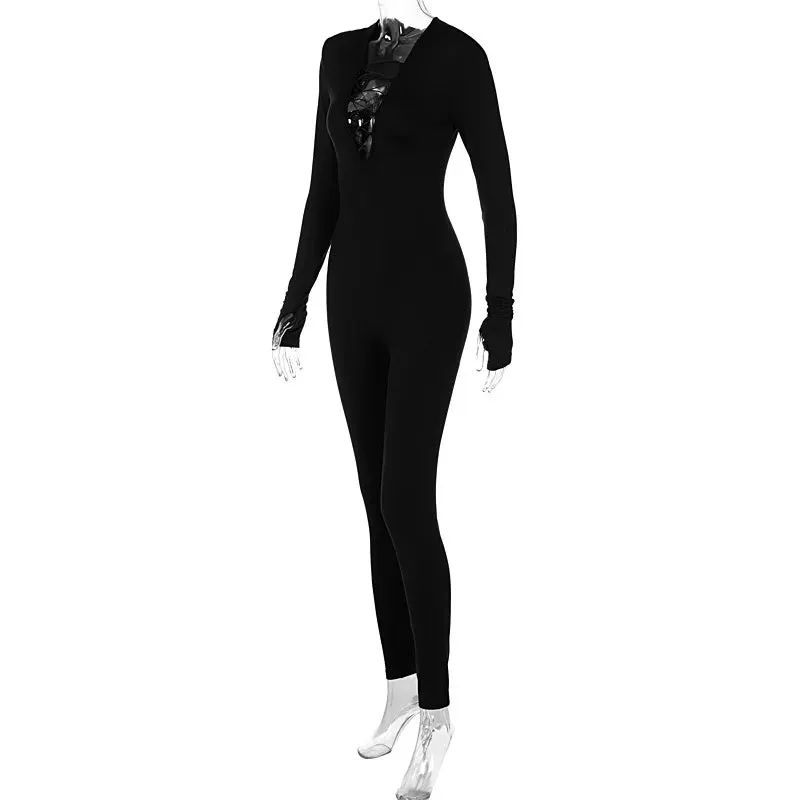 Uniwim Solid V-neck Long Sleeves With Shoulder Pads Bodycon Jumpsuit Woman Autumn Winter Woman Fashion Elegant Club Y2K Sport Jumpsuits