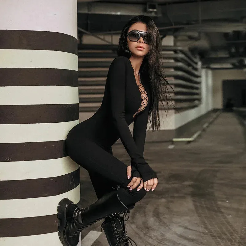 Uniwim Solid V-neck Long Sleeves With Shoulder Pads Bodycon Jumpsuit Woman Autumn Winter Woman Fashion Elegant Club Y2K Sport Jumpsuits