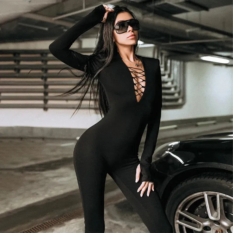 Uniwim Solid V-neck Long Sleeves With Shoulder Pads Bodycon Jumpsuit Woman Autumn Winter Woman Fashion Elegant Club Y2K Sport Jumpsuits