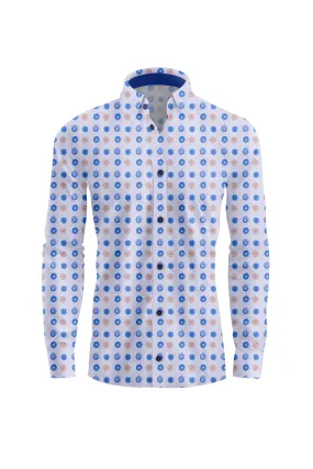 White Shirt With Blue And Brown Circles